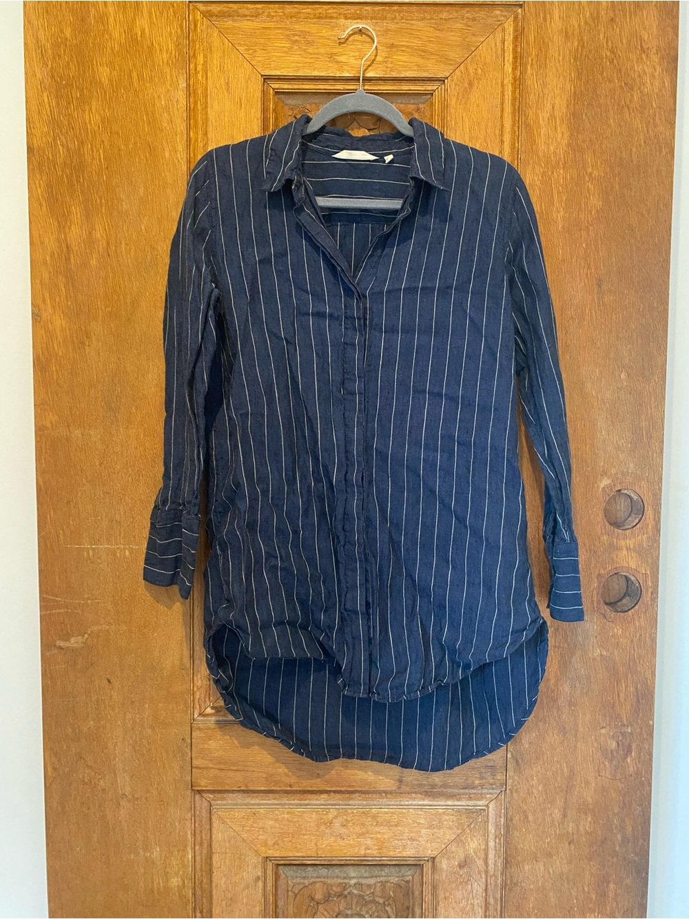 Soft Surroundings Navy Blue Pinstripe Long-Sleeve Shirt linen mens wear style M